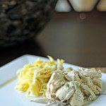 To make the cream sauce, I decided to use cream cheese and some broth and butter that was still in the pan from the chicken and vegetables cooking. I used just a little glucomannan to help thicken the sauce, but it really is optional.