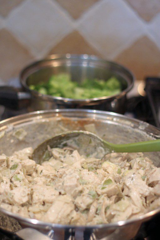To make the cream sauce, I decided to use cream cheese and some broth and butter that was still in the pan from the chicken and vegetables cooking. I used just a little glucomannan to help thicken the sauce, but it really is optional.